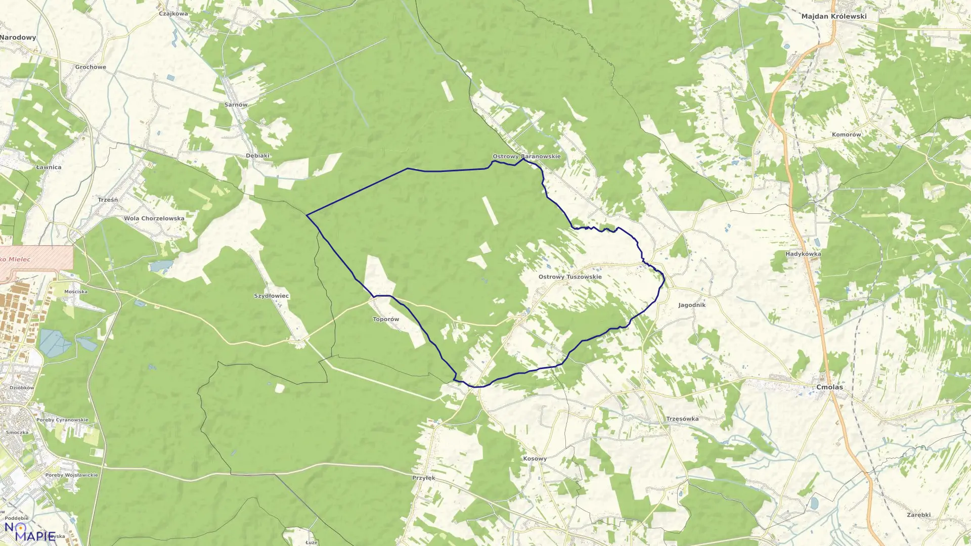 Mapa obrębu Ostrowy Tuszowskie w gminie Cmolas
